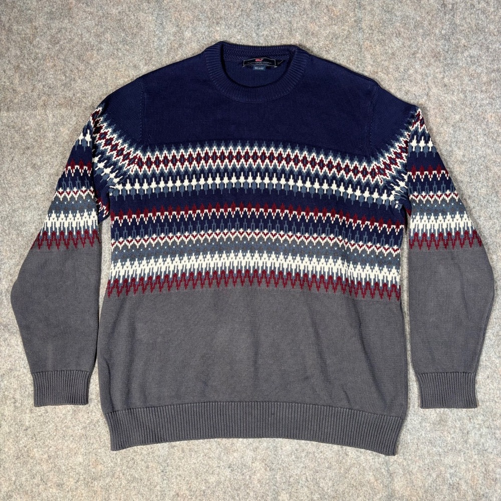 Vineyard Vines Sweater Mens L Navy Grey Fair Isle 100%Cotton Crewneck 1E001360